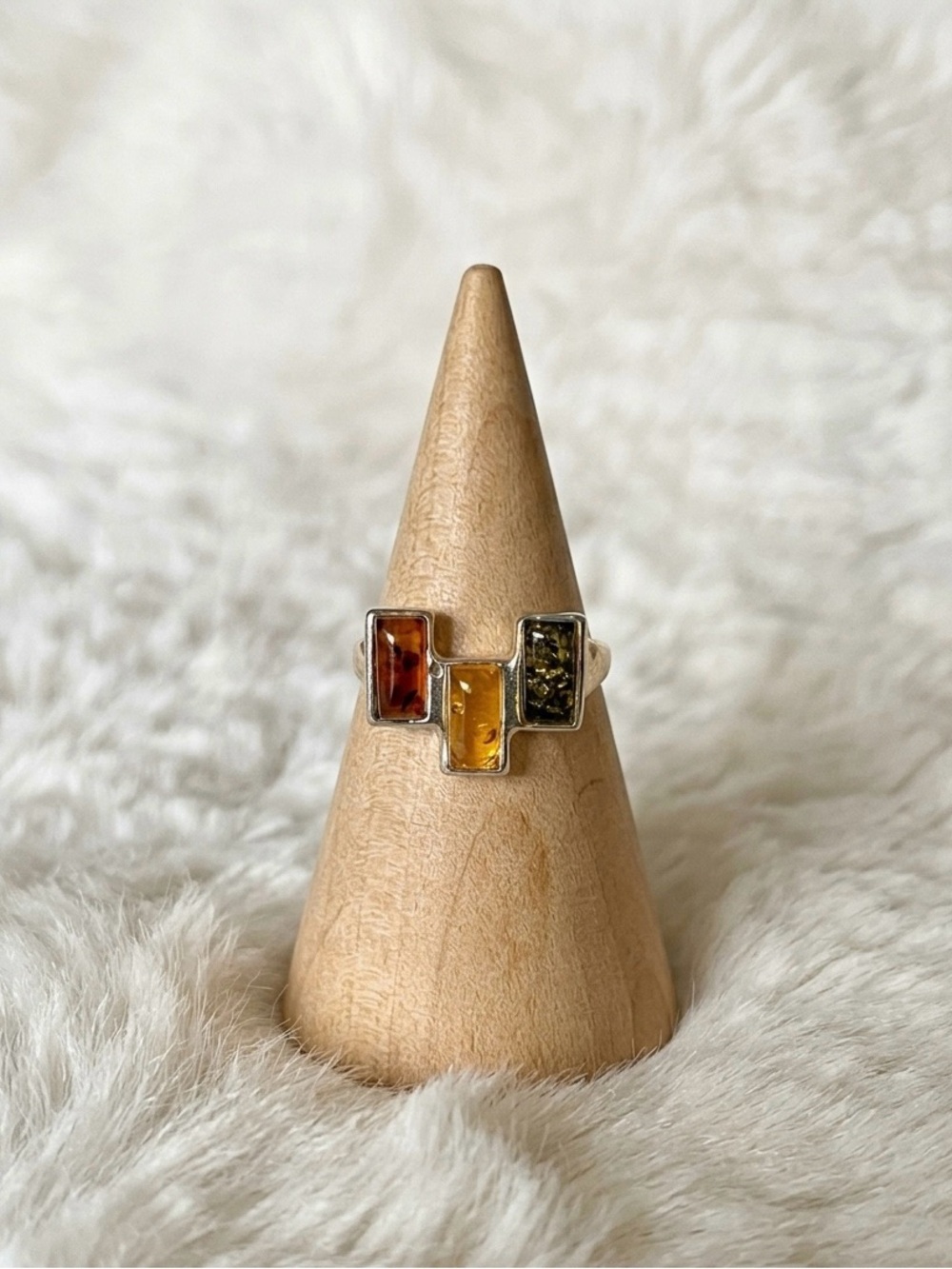 925 Sterling Silver Baltic Amber 3 Stone Ring Cognac Honey Green Size 8